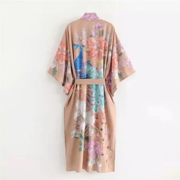 SOLD OUT Gypsy Bohemian Tan Floral Peacock Open Kimono Robe - Picture 7 of 12